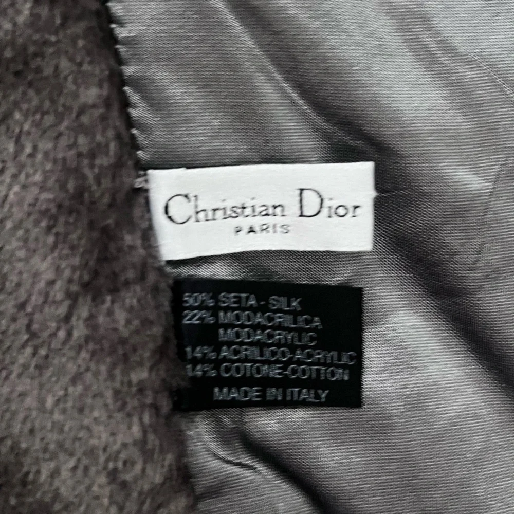 DIOR Gray Silk + Modacrylic Fur Trim Scarf